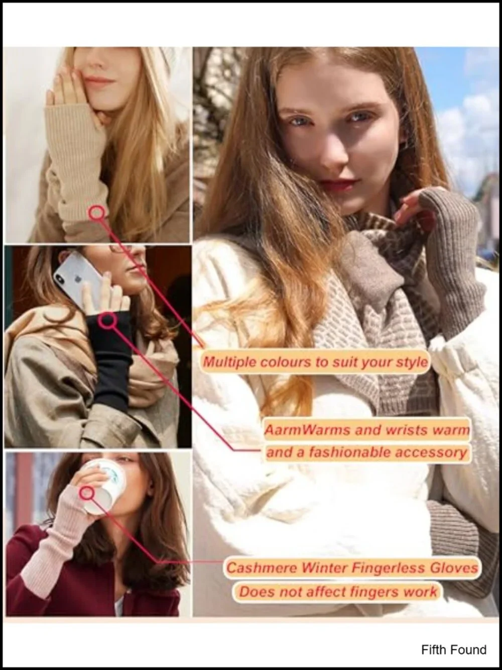 Cashmere Fingerless Gloves Arm Warmers Women Winter Cozy